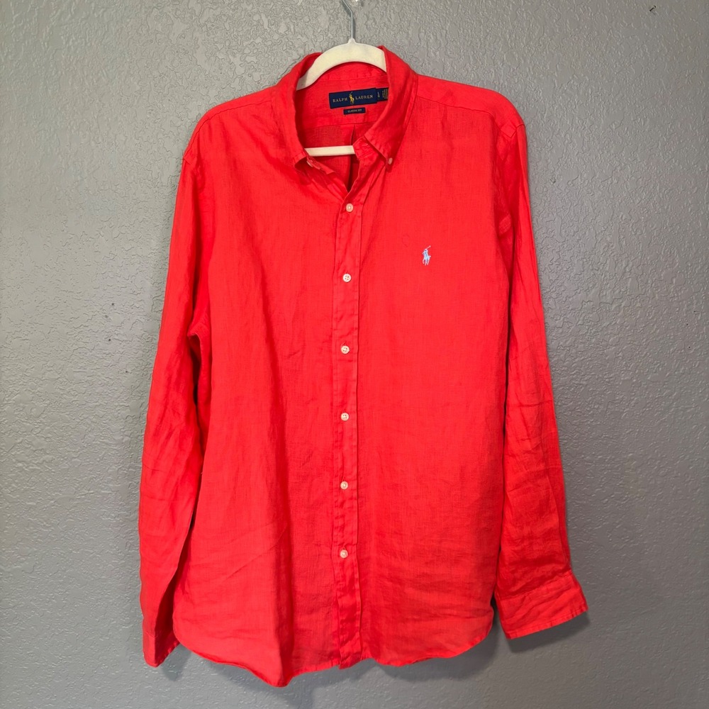 Polo Ralph Lauren Mens Red 100% Linen Classic Fit Button Down Shirt Large